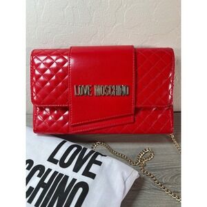 Love Moschino Red Quilted Crossbody Bag Gold Chain Strap Evening Clutch